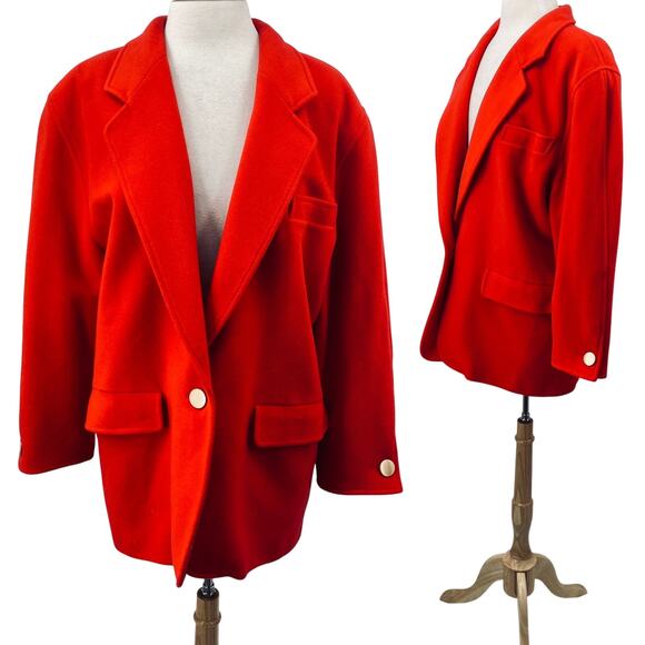 Vintage 80s Escada Wool Blazer Coat Jacket Oversized Gold Buttons Red Womens - Picture 1 of 13